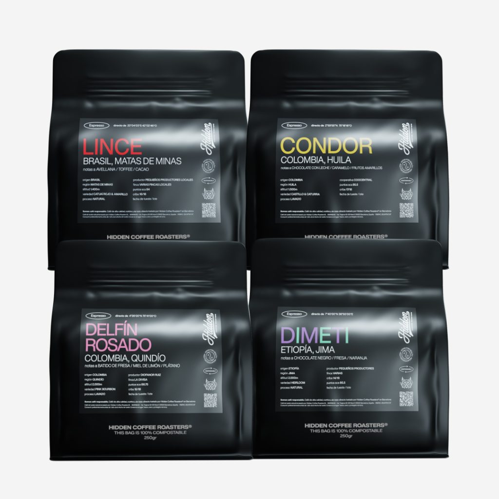Pack de 4 cafés de especialidad Hidden Coffee Roasters: Lince (Brasil), Cóndor (Colombia Huila), Delfín Rosado (Colombia Quindío) y Dimeti (Etiopía), en bolsas negras de 250 g compostables.