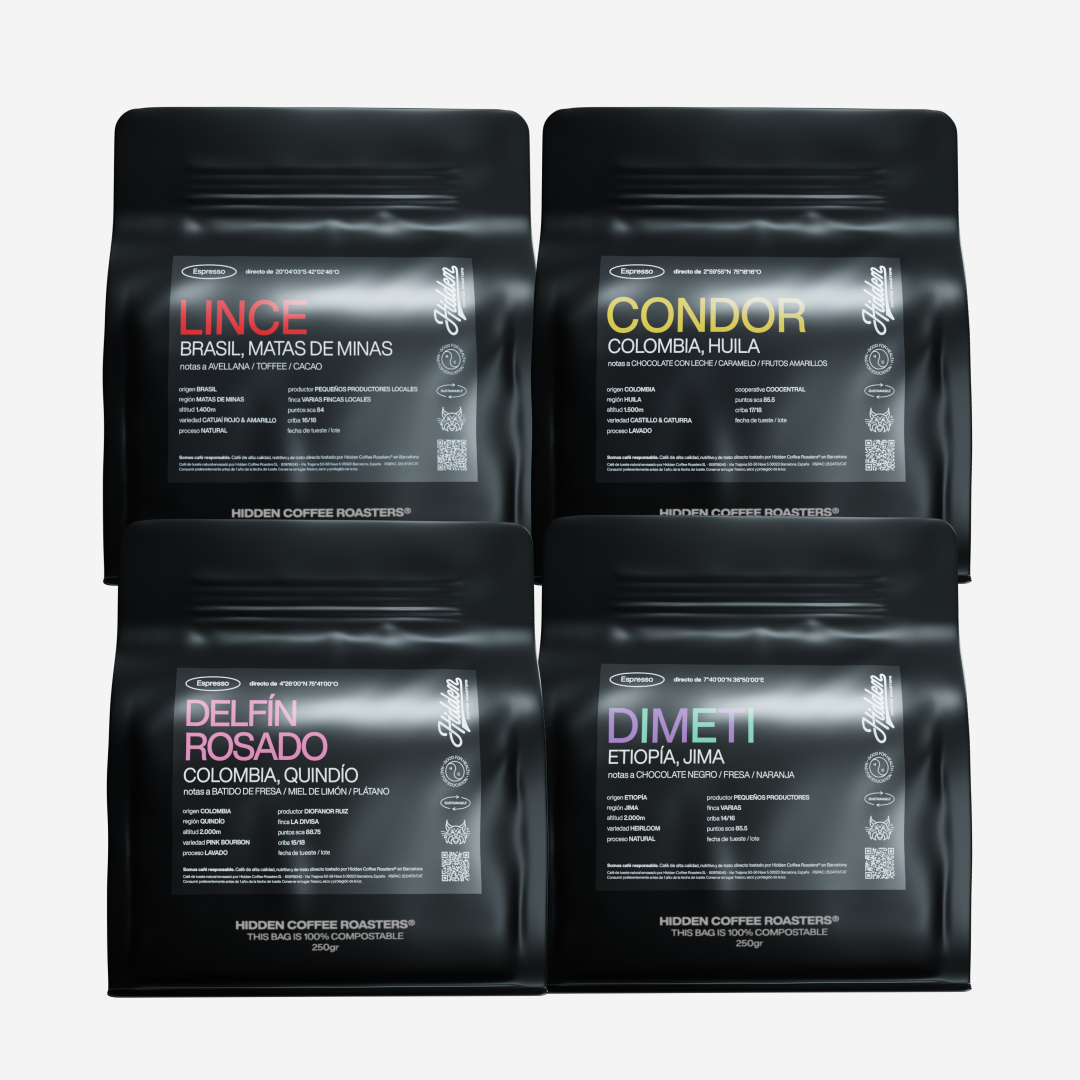 Pack de 4 cafés de especialidad Hidden Coffee Roasters: Lince (Brasil), Cóndor (Colombia Huila), Delfín Rosado (Colombia Quindío) y Dimeti (Etiopía), en bolsas negras de 250 g compostables.