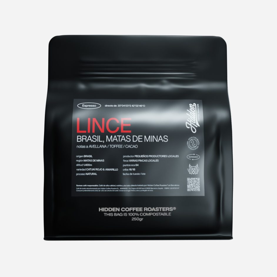 Bolsa de café de 250g negra con etiqueta Lince Brasil Matas de Minas de Hidden Coffee Roasters