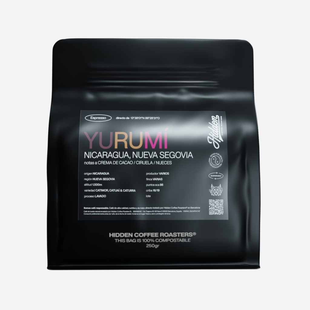 Bolsa de color negro de 250g de café Yurumí. Con etiqueta frontal con toda la información organoléptica del café.