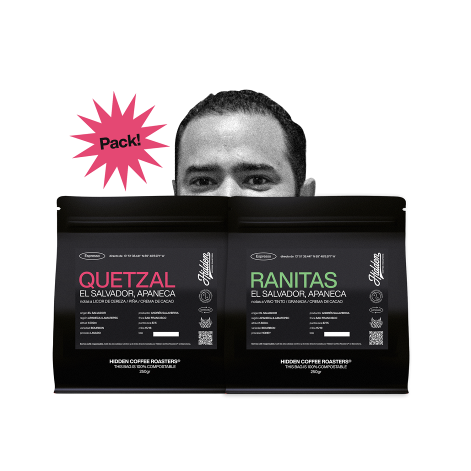 2 packs de 250g de café "Ranitas" y "Quetzal" con la cara del productor Andrés Salaverria