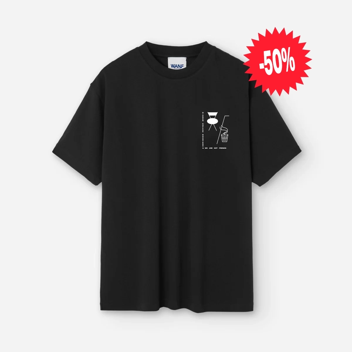 Camiseta negra Hidden Coffee Roasters x We Are Not Friends con logo frontal.