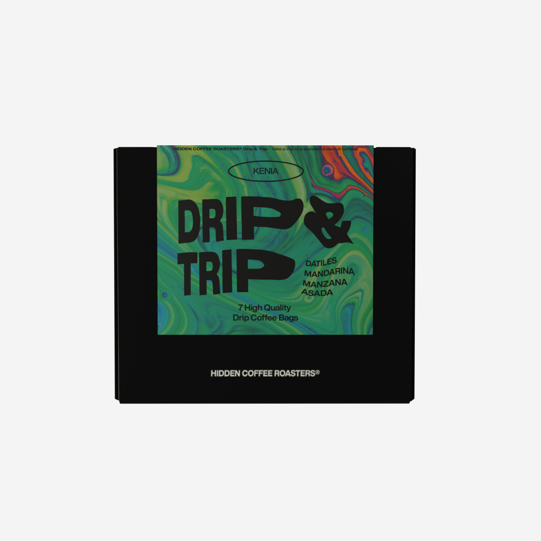 Caja negra de Hidden Coffee Roasters con etiqueta marmoleada verde y tipografía bold negra con el texto Drip & Trip Kenia