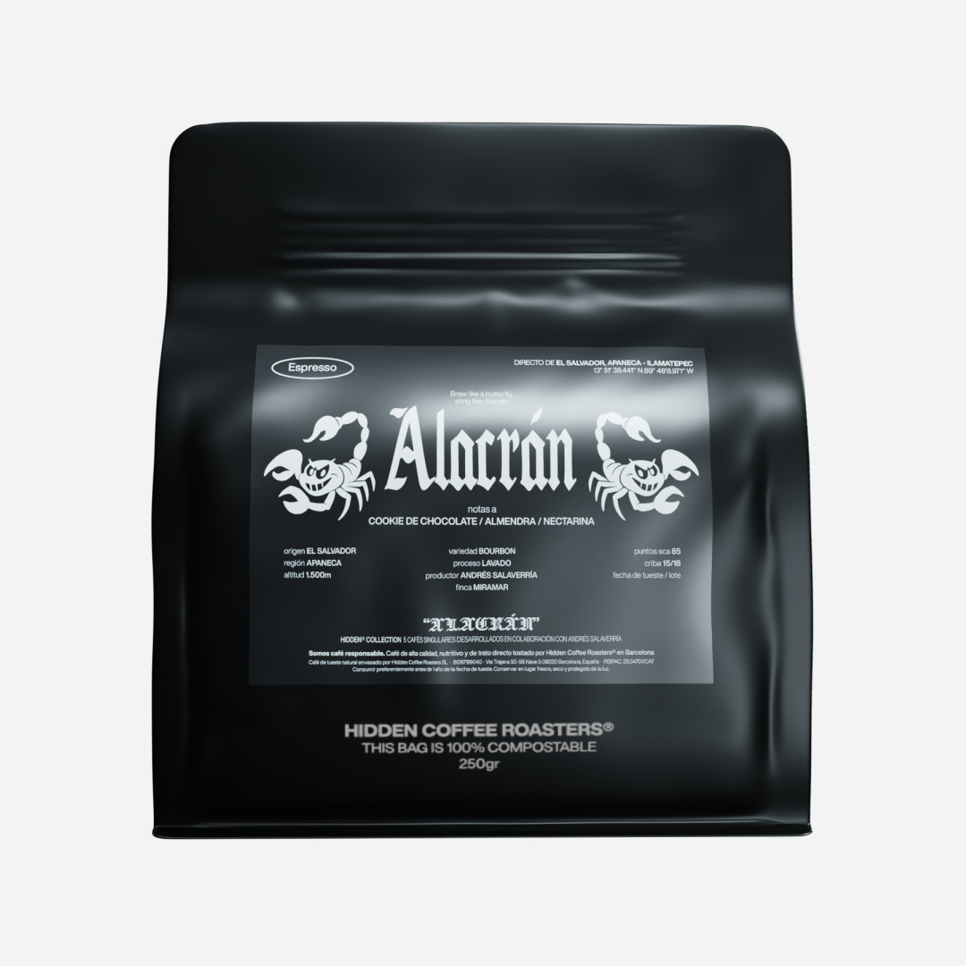 Bolsa de café de especialidad Alacrán de Hidden Coffee Roasters, de origen El Salvador, 250 g. De su colección de edición limitada; Hidden Collection.