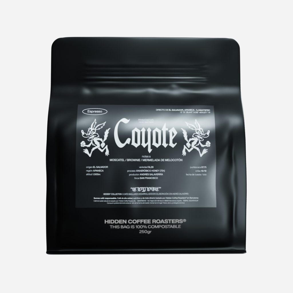 Bolsa de café de especialidad Coyote de Hidden Coffee Roasters, de origen El Salvador, 250 g. De su colección de edición limitada; Hidden Collection.