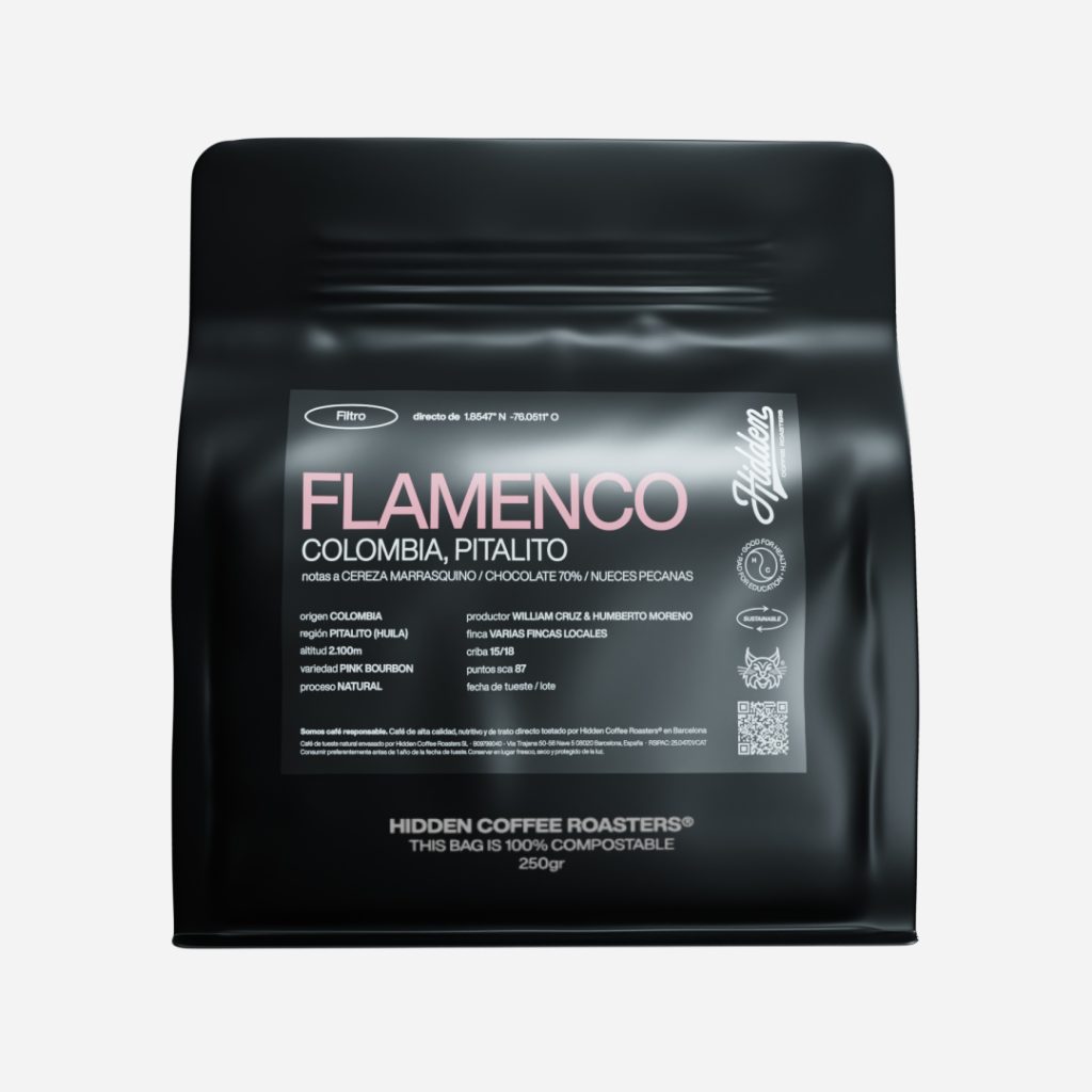 Bolsa negra de 250g de café Flamenco de Hidden Coffee Roasters, origen Colombia Pitalito (Huila), proceso Natural Sleeping Bug, variedad Maracaturra