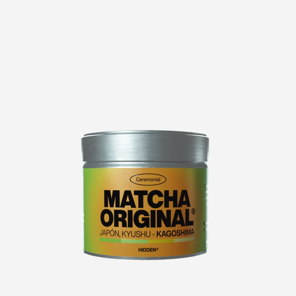 Lata metálica de 30g de matcha ceremonial Matcha Original de Hidden, con etiqueta degradada verde y dorada, origen Kagoshima, Japón