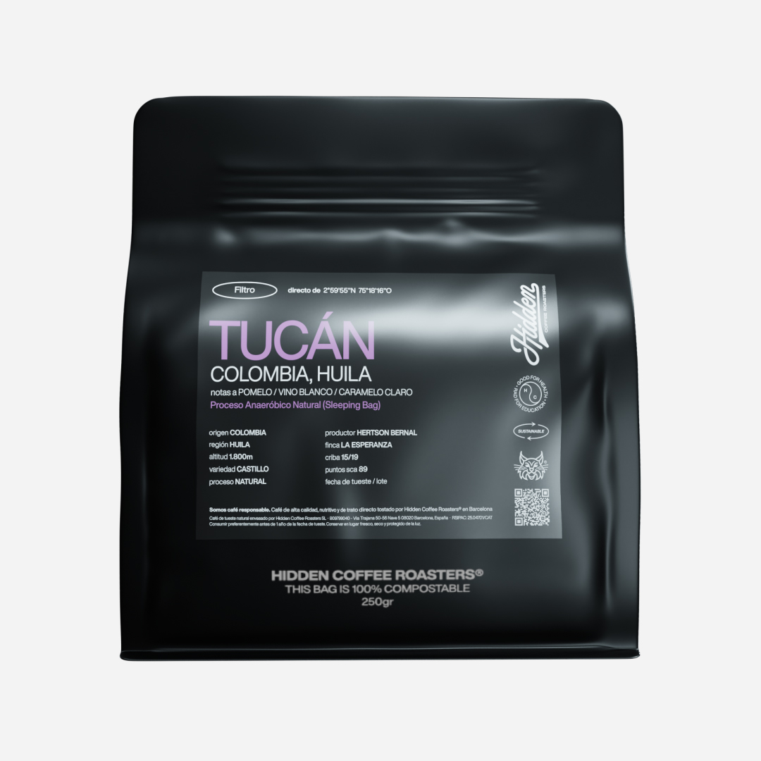 Bolsa de café en grano Tucán de Hidden Coffee Roasters, origen Colombia Huila, proceso natural anaeróbico, 250 gramos