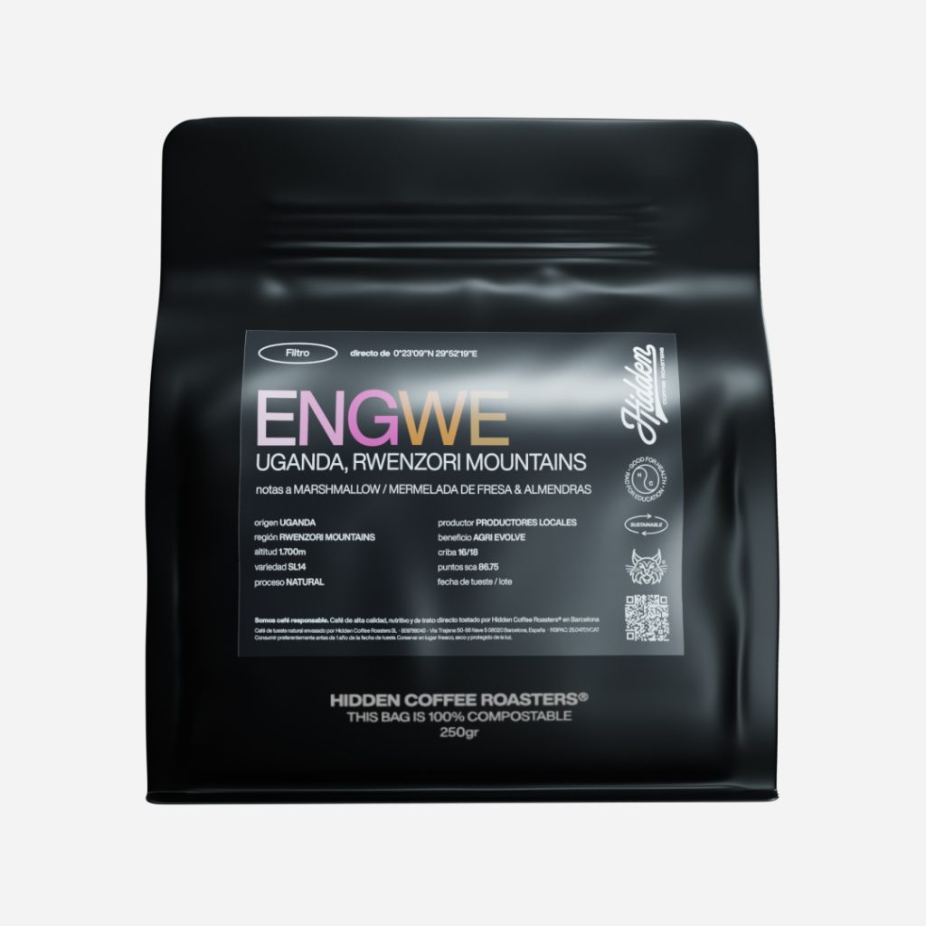 Bolsa de café negra de 250 gramos con etiqueta "Engwe" de Hidden Coffee Roasters, café de filtro procedente de Uganda, región de Rwenzori Mountains
